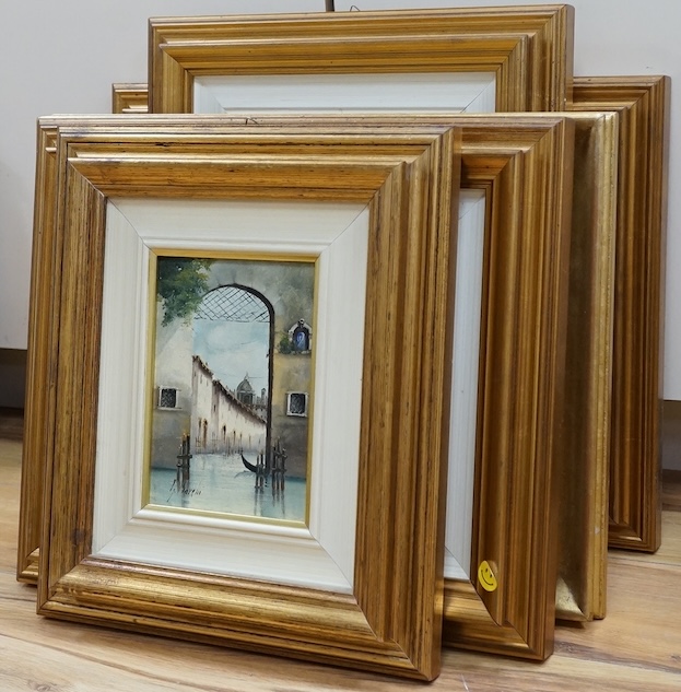 Guido Borelli (Italian, b.1952), set of five oils on board to include ‘Scena Di Villaggio’ and ‘Scorcio Venegiauo’, each signed, some with details verso, largest 17 x 29cm. Condition - fair to good